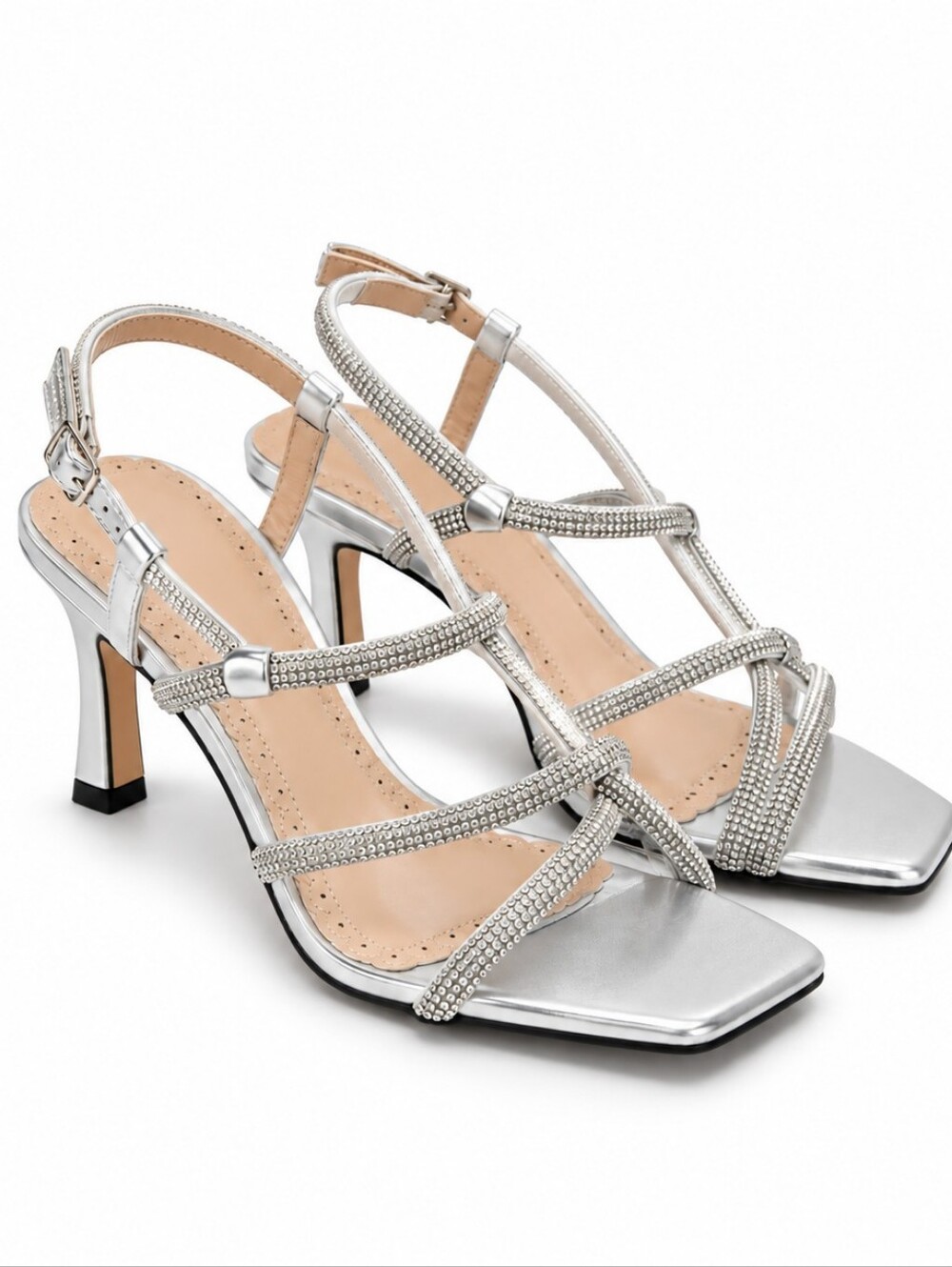 Fashion Nova Silver Rhinestone Strappy High Heel Sandals